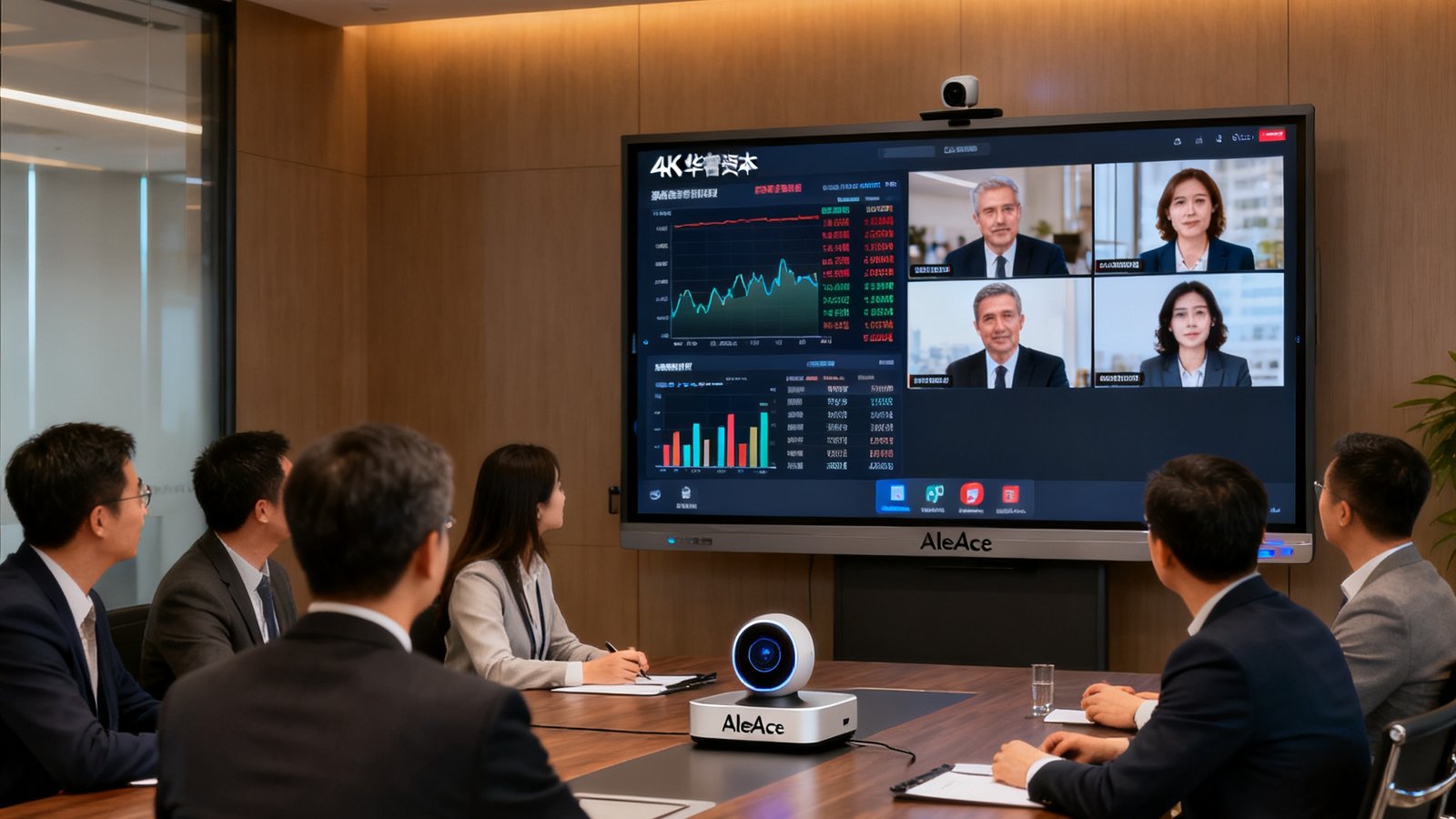华睿资本会议室中，投研团队通过PlayAce与海外分析师进行视频会议，屏幕上同时显示4K画质的财务数据看板和多位参会者画面。
